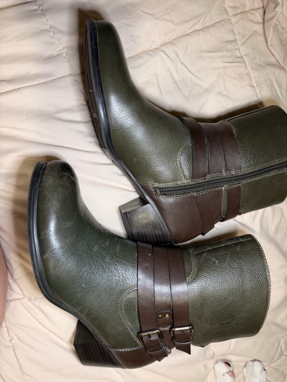 Leather Mid-Calf Harness Boots - Olive Green
